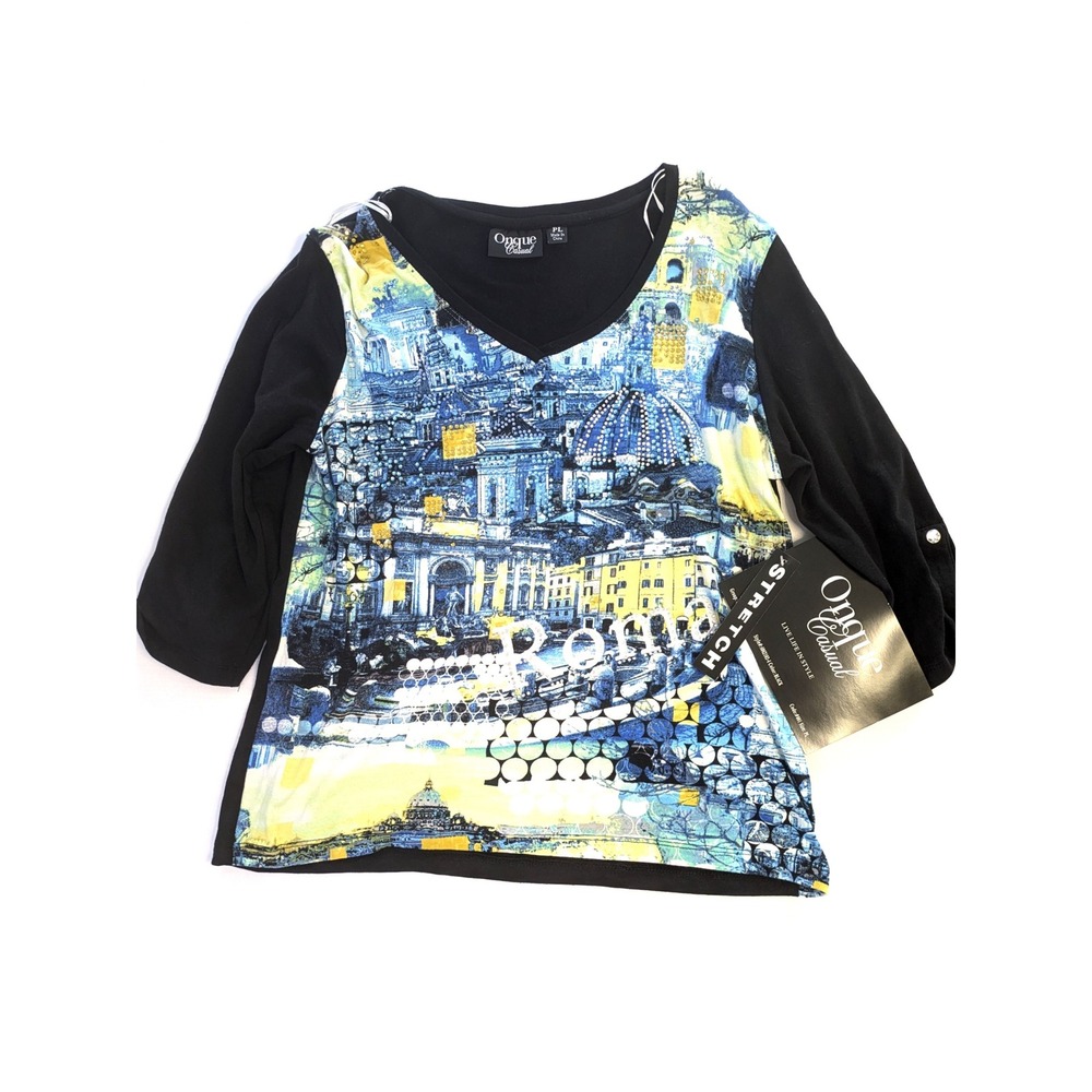 Onque Casual Roma Graphic V-Neck Top Black 3/4 Sleeve Rhinestone Size PL NEW NWT